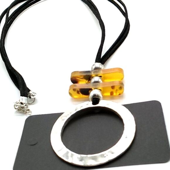 Hammered Open Circle Silver-tone Pendant Necklace Leather Cord - Picture 1 of 16